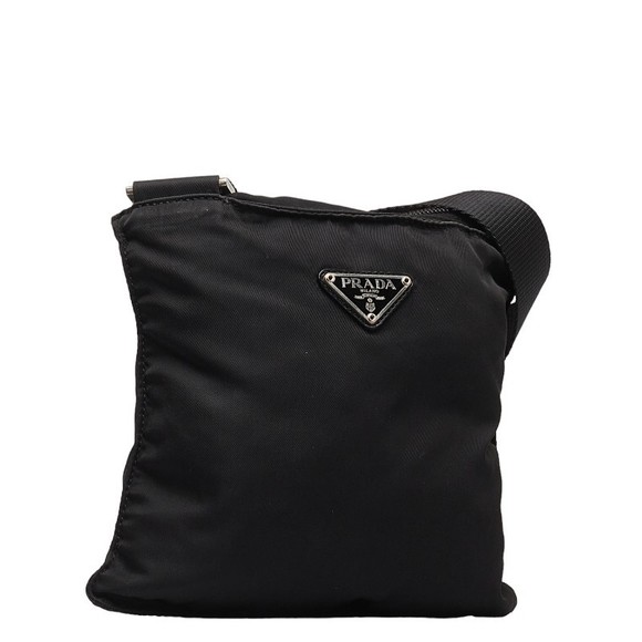 Prada Triangle Shoulder Black Plate Nylon Leather Bag - Picture 1 of 10